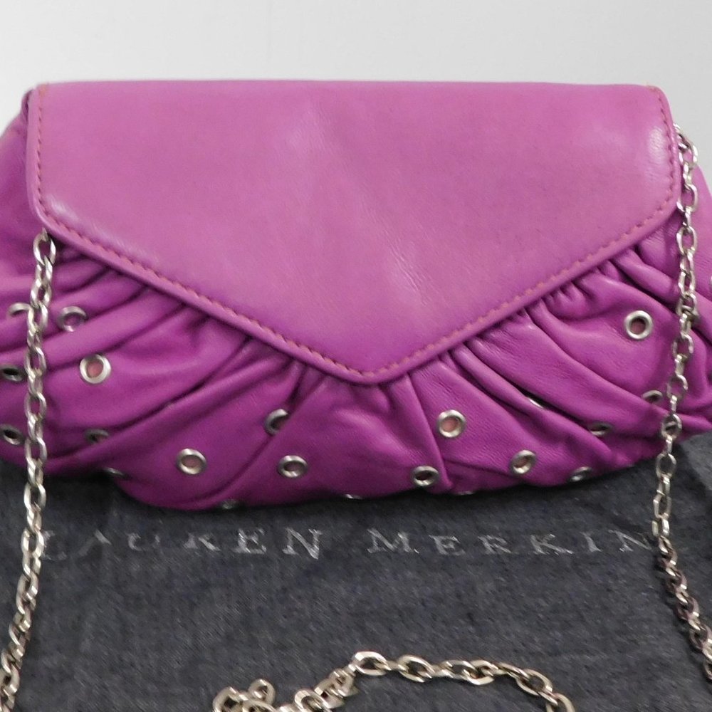 Laura Merkin Purple Lamb Leather Grommett Chain Crossbody Clutch‎ Bag